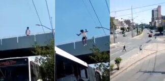 (VIDEO) CAPTAN A HOMBRE SALTANDO A ORUGA DESDE PUENTE PEATONAL