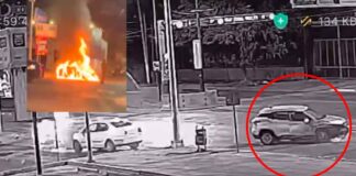 SE PASA EL ROJO, PROVOCA CHOQUE Y AUTO SE INCENDIA EN EL FRANCISCO VILLA