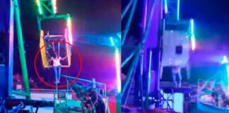 (VIDEO) QUEDA COLGANDO DE JUEGO MECÁNICO… Y CAE EN PLENA FERIA